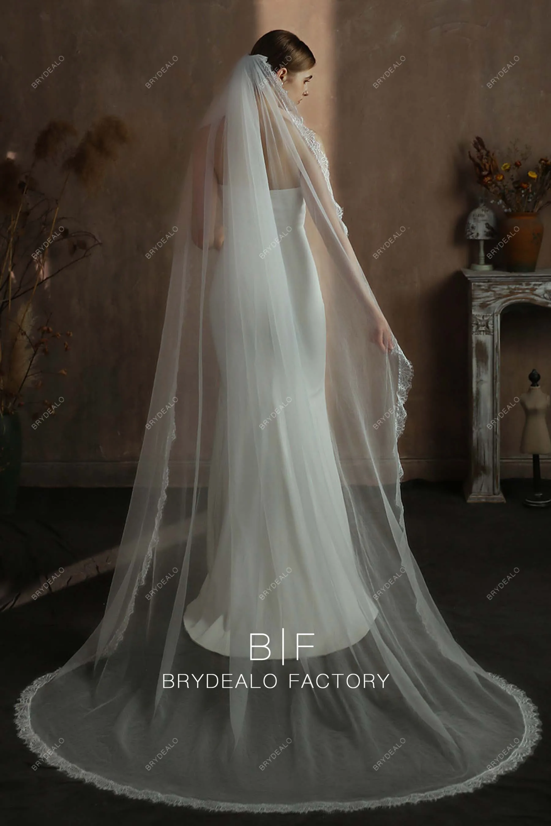 Elegant Lace Edge Single Tier Chapel Length Wholesale Wedding Veil