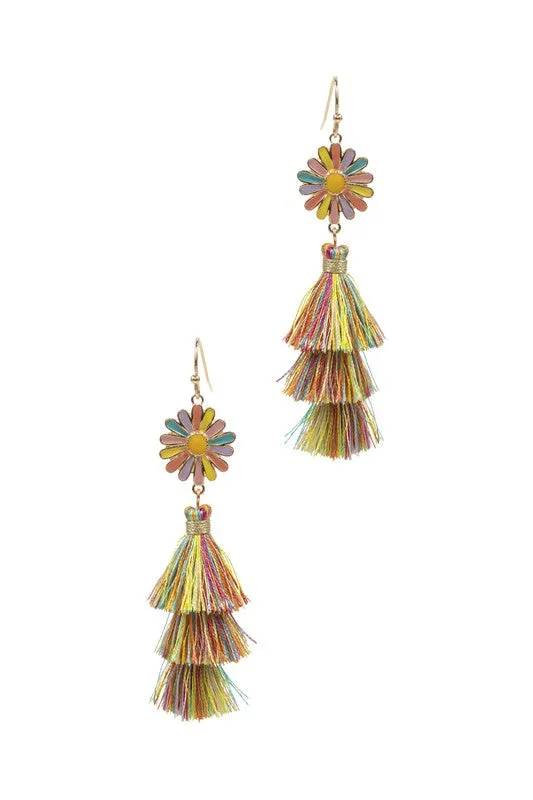Enamel Flower Tassel Earrings