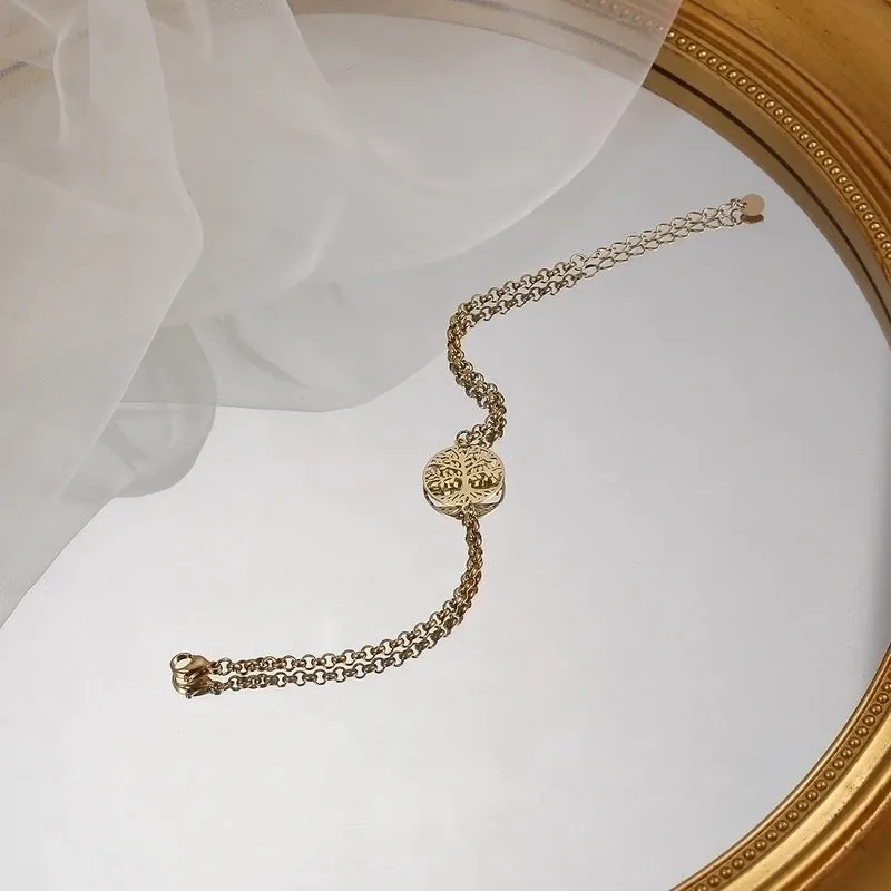 Fashion Simple Stainless Steel Bracelet Lucky Tree Pendant Gold Bracelet