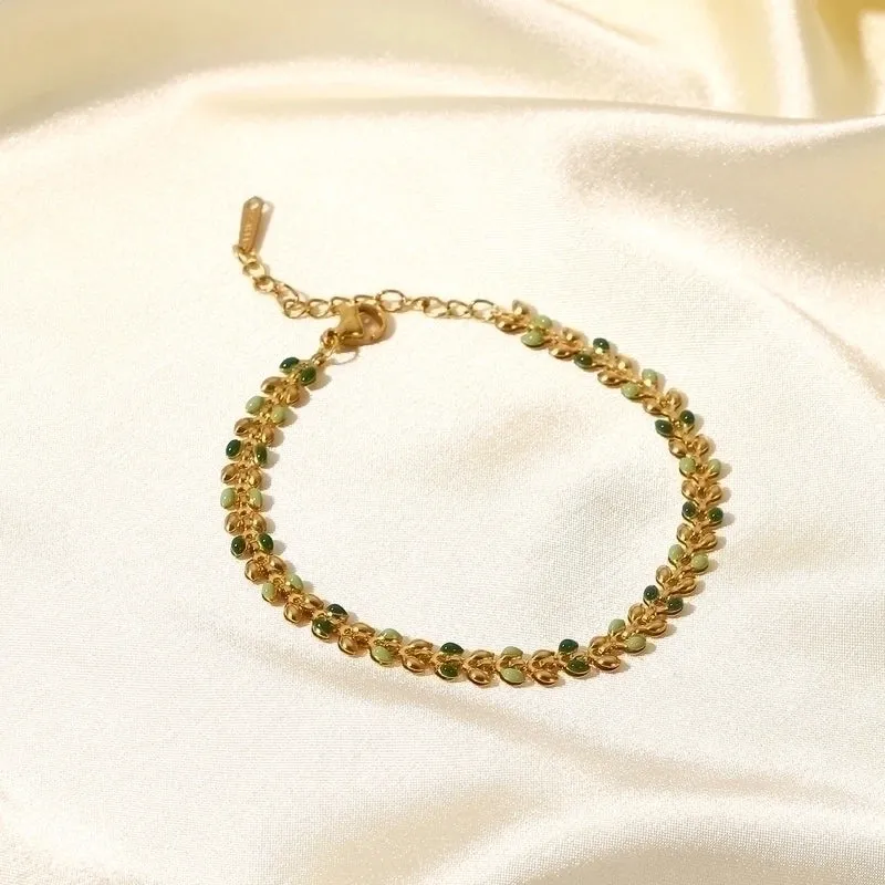 Fashion Women New 18k Gold Green Drop Olive Leaf Stainless Steel Bracelet