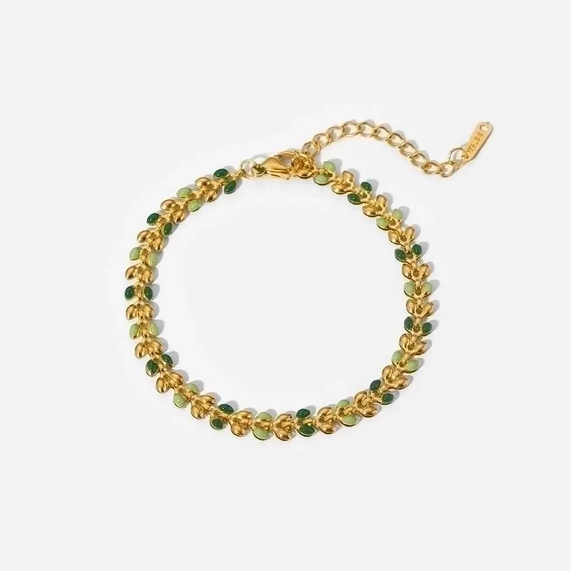Fashion Women New 18k Gold Green Drop Olive Leaf Stainless Steel Bracelet