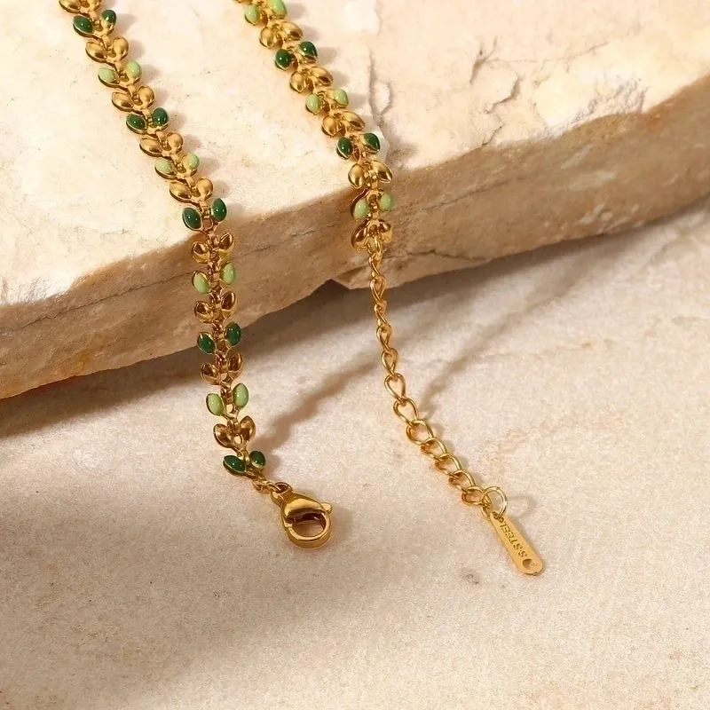 Fashion Women New 18k Gold Green Drop Olive Leaf Stainless Steel Bracelet