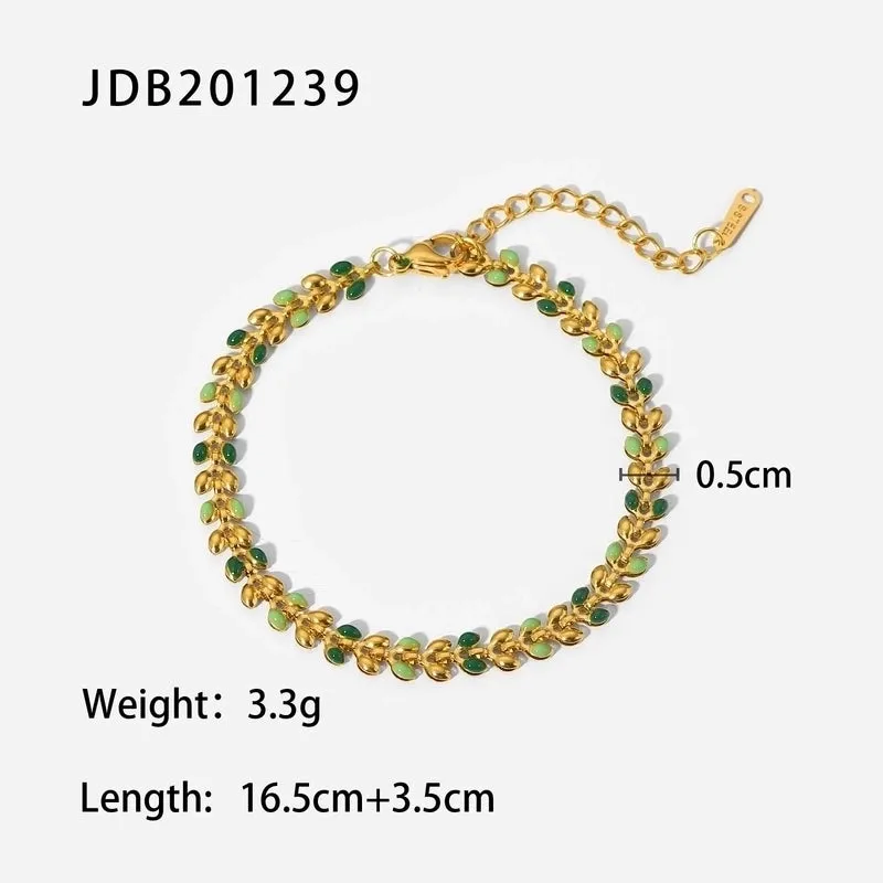 Fashion Women New 18k Gold Green Drop Olive Leaf Stainless Steel Bracelet