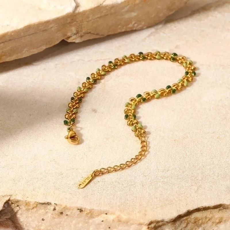 Fashion Women New 18k Gold Green Drop Olive Leaf Stainless Steel Bracelet
