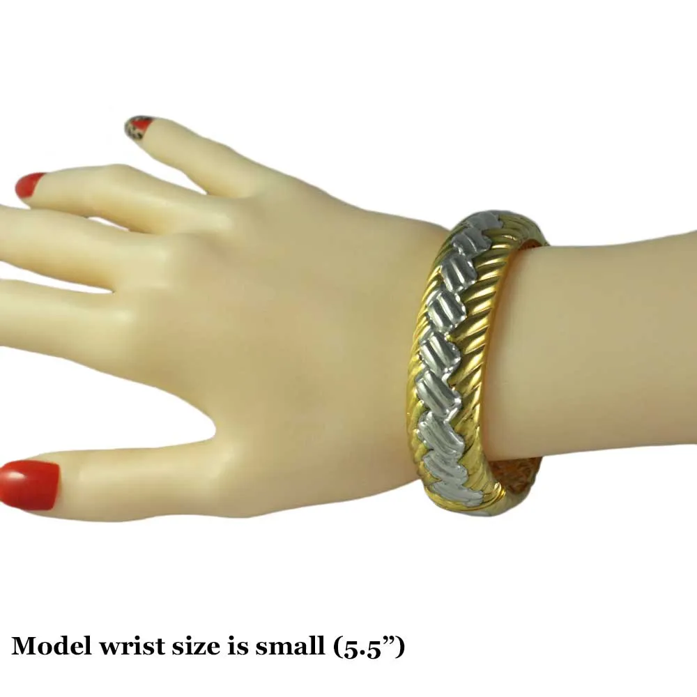 Gold and Silver Wide Braided Hinged Bangle - BG722T