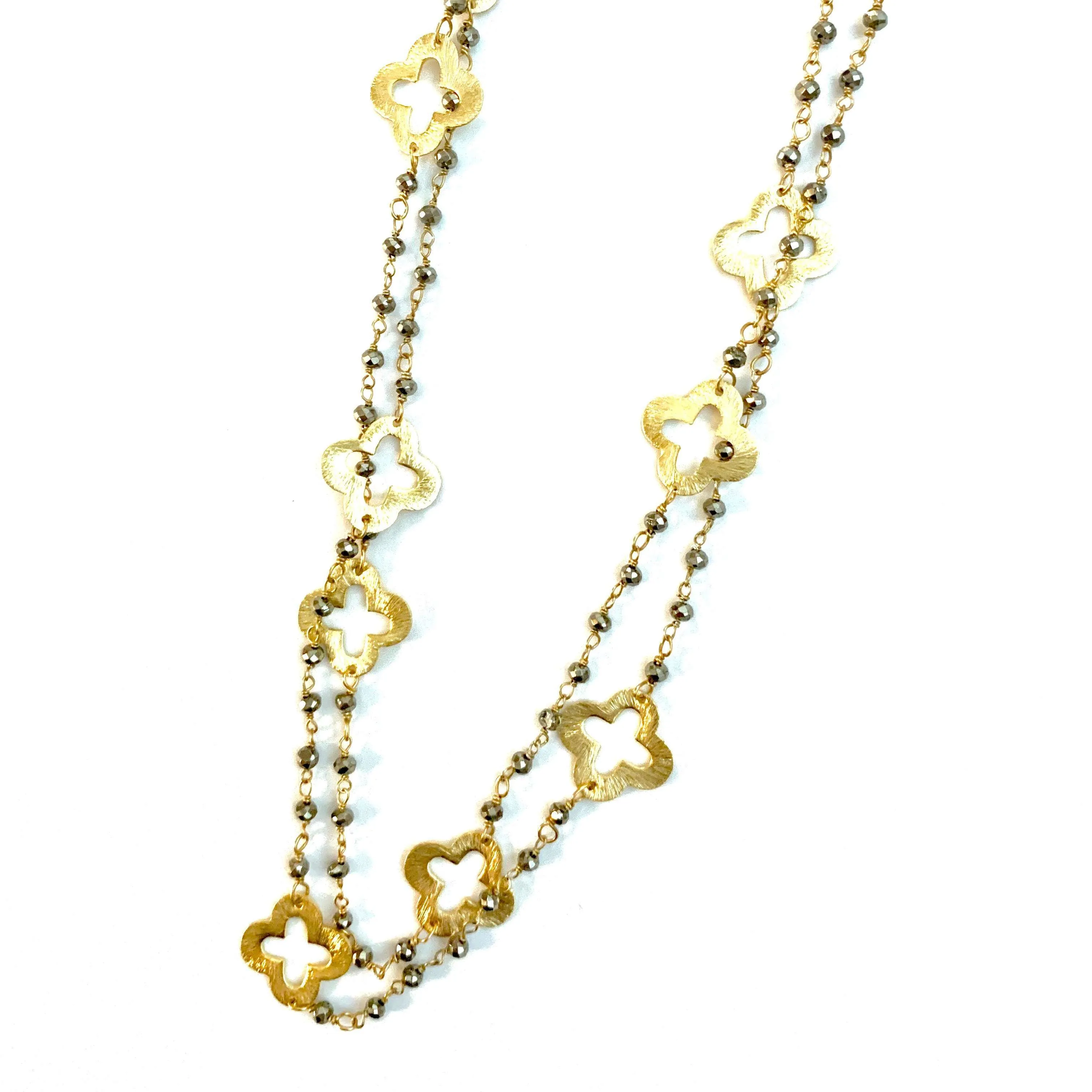 Gold Clover and Petite Pyrite Long Necklace