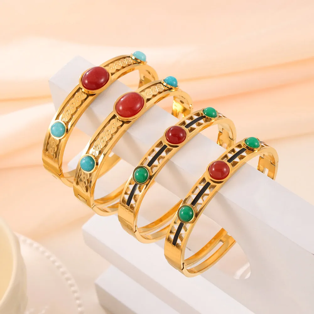 Golden Glaze Natural Stone Bracelet with Retro Design