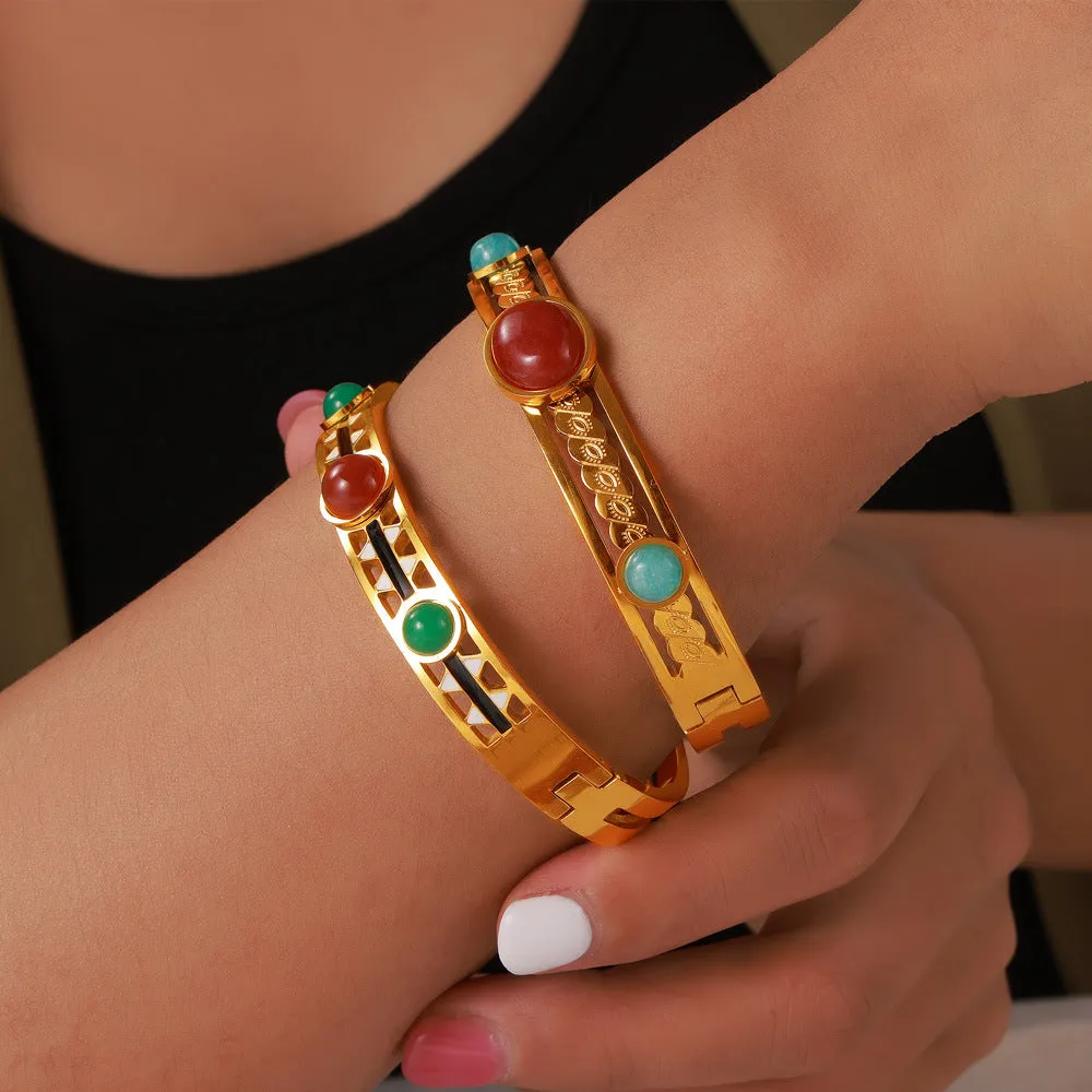 Golden Glaze Natural Stone Bracelet with Retro Design