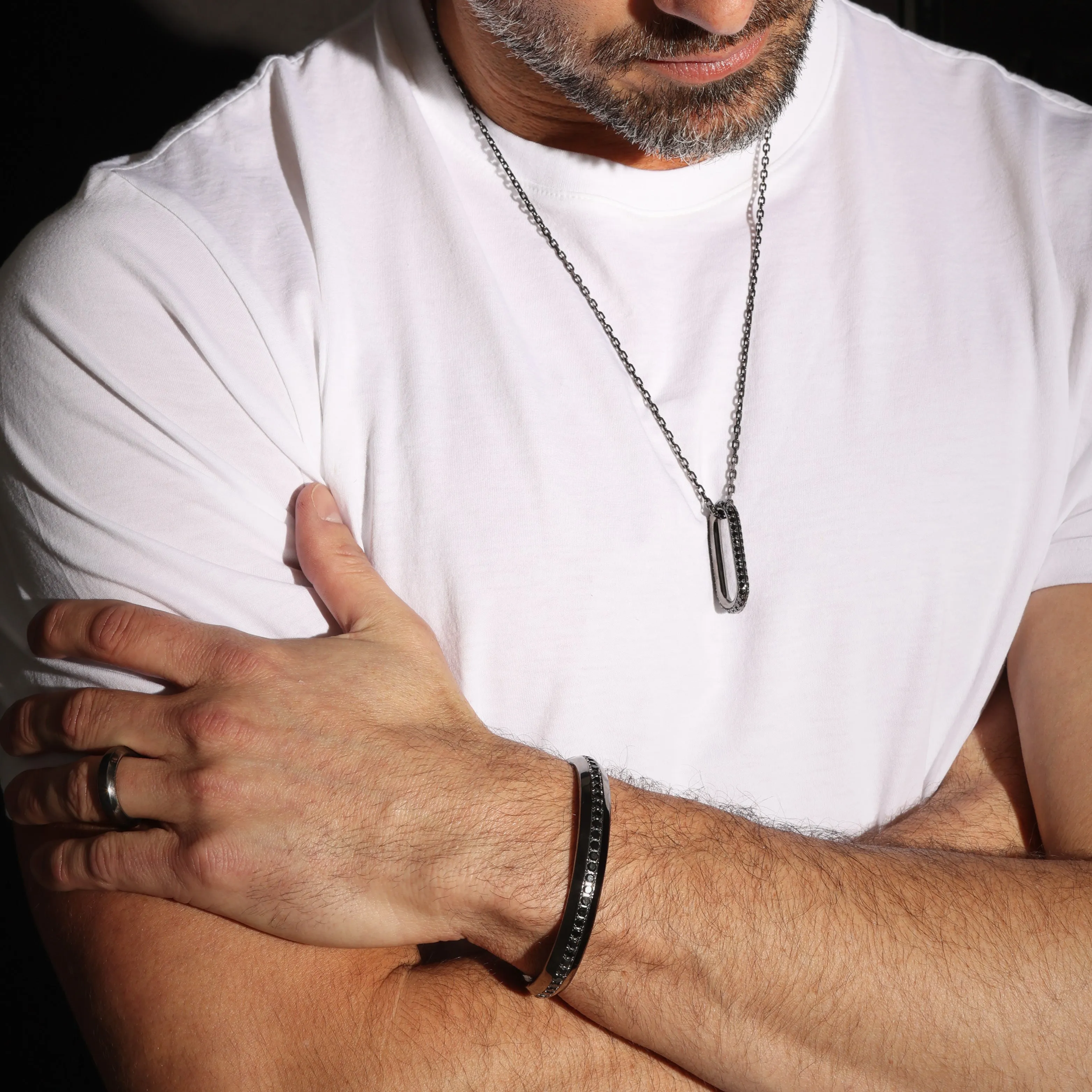 GRANT STERLING SILVER AND BLACK RHODIUM ANGLED BAND RING