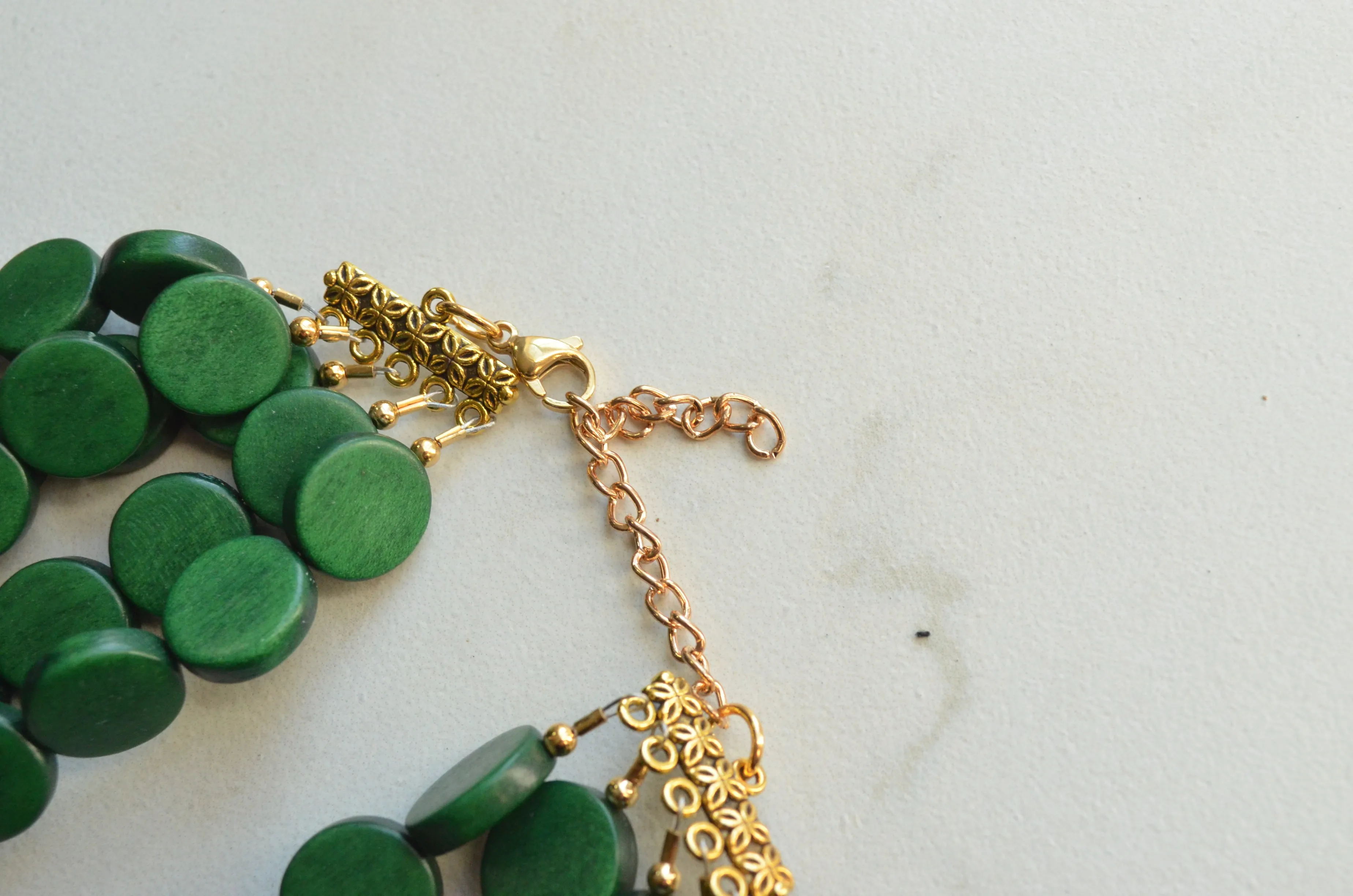 Green Gold Wood Bead Statement Chunky Wooden Necklace - Regan