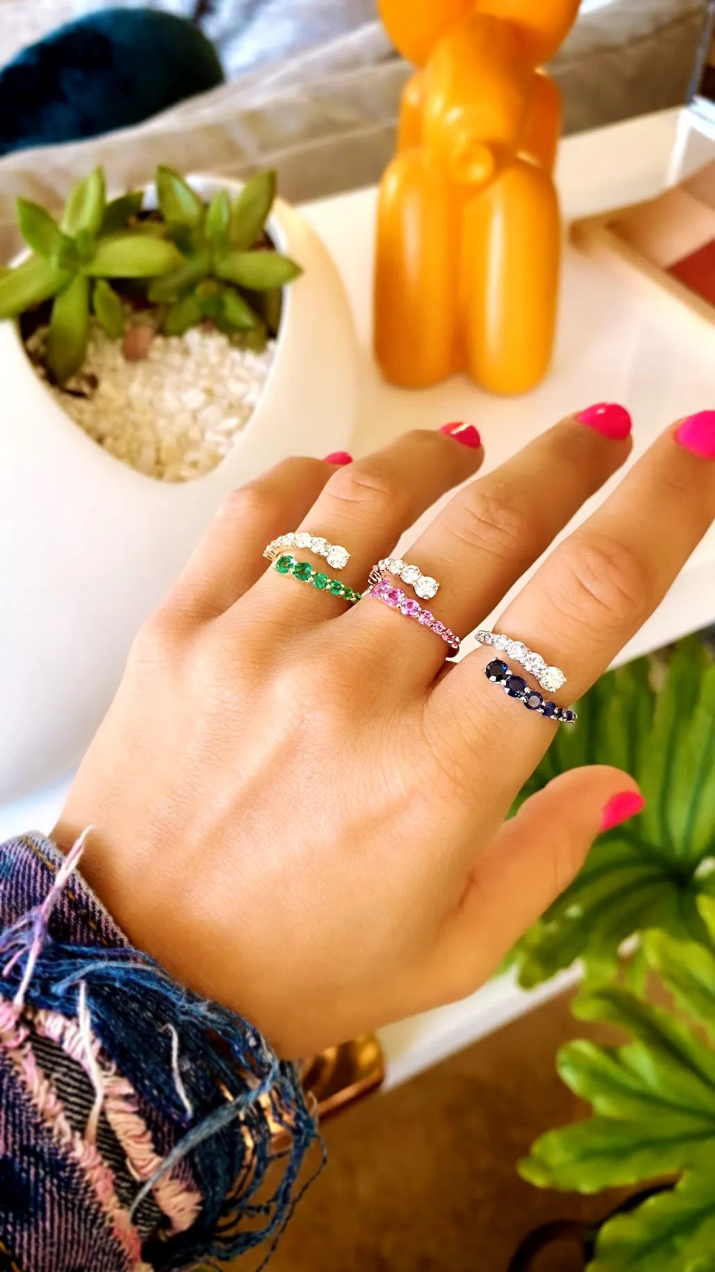 Half Diamond Half Gemstone Graduated Bypass Ring