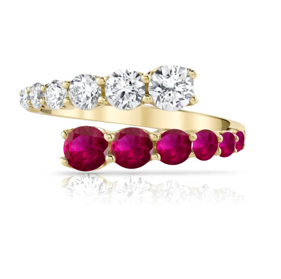 Half Diamond Half Gemstone Graduated Bypass Ring