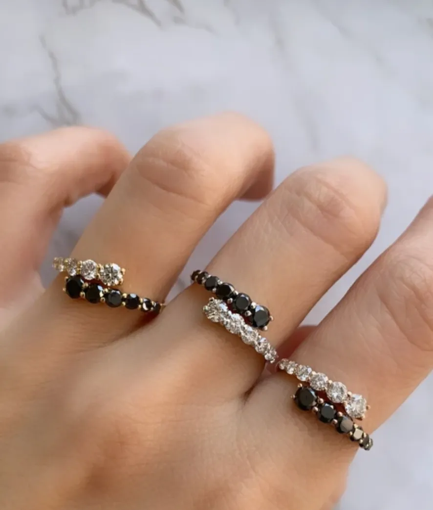 Half Diamond Half Gemstone Graduated Bypass Ring
