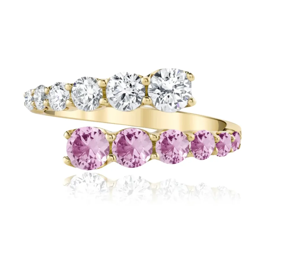 Half Diamond Half Gemstone Graduated Bypass Ring