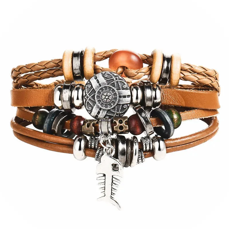 Handmade Boho Gypsy Hippie Brown Leather Bracelet Men Rope Cord Hand Turquoises Charm Stackable Wrap Bracelets for Women Jewelry