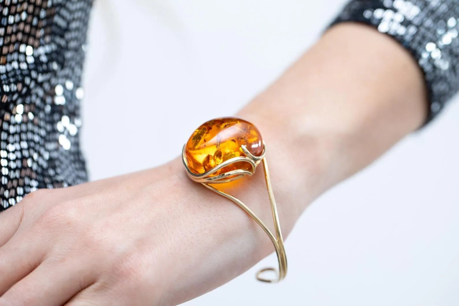 Handmade Minimal Gold Kissed Amber Bangle