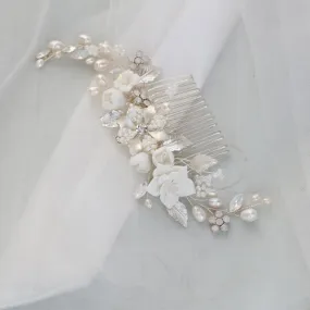 Handmade White Porcelain Flower Wedding Comb Hair Piece With Pearls