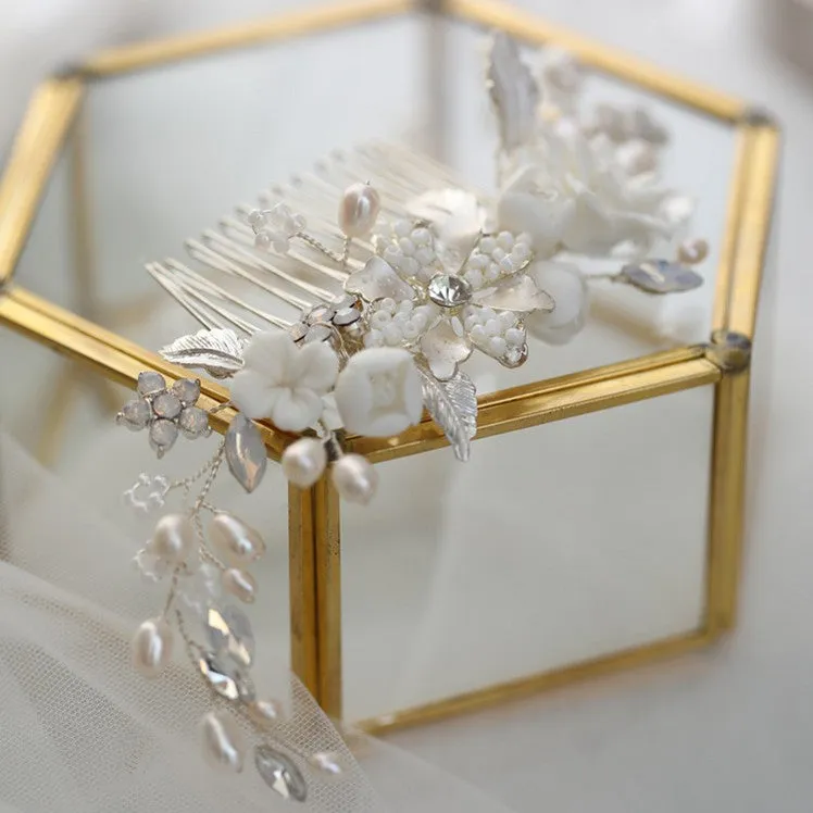 Handmade White Porcelain Flower Wedding Comb Hair Piece With Pearls