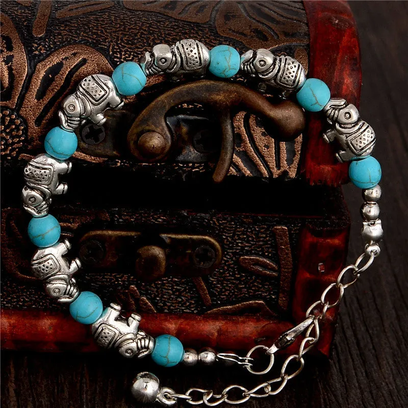 Hot Sale Retro Elephant Adjustable Chain Bead For Ladies Turquoise Bracelet