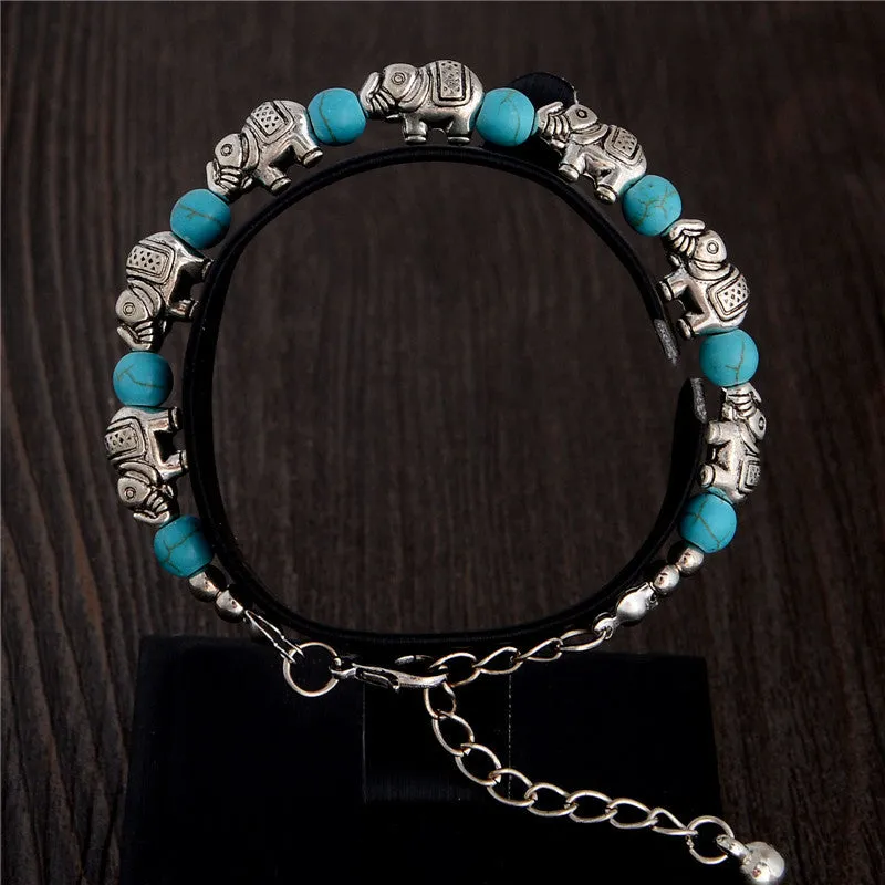 Hot Sale Retro Elephant Adjustable Chain Bead For Ladies Turquoise Bracelet
