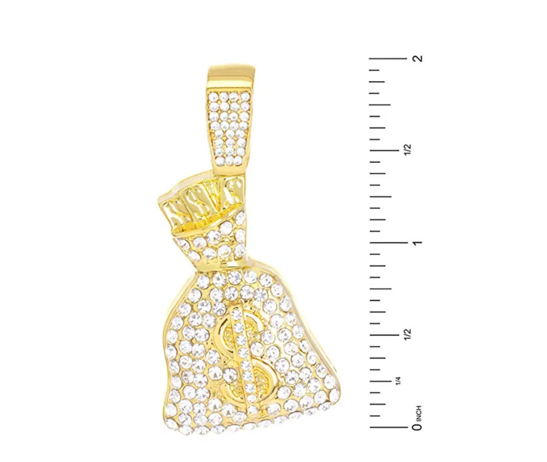 Iced Out Money Bag Necklace Pendant Hip Hop Jewelry Moneybag Necklace Cash Money Chain Simulated Diamond Gold Silver Color Metal Alloy 24in.