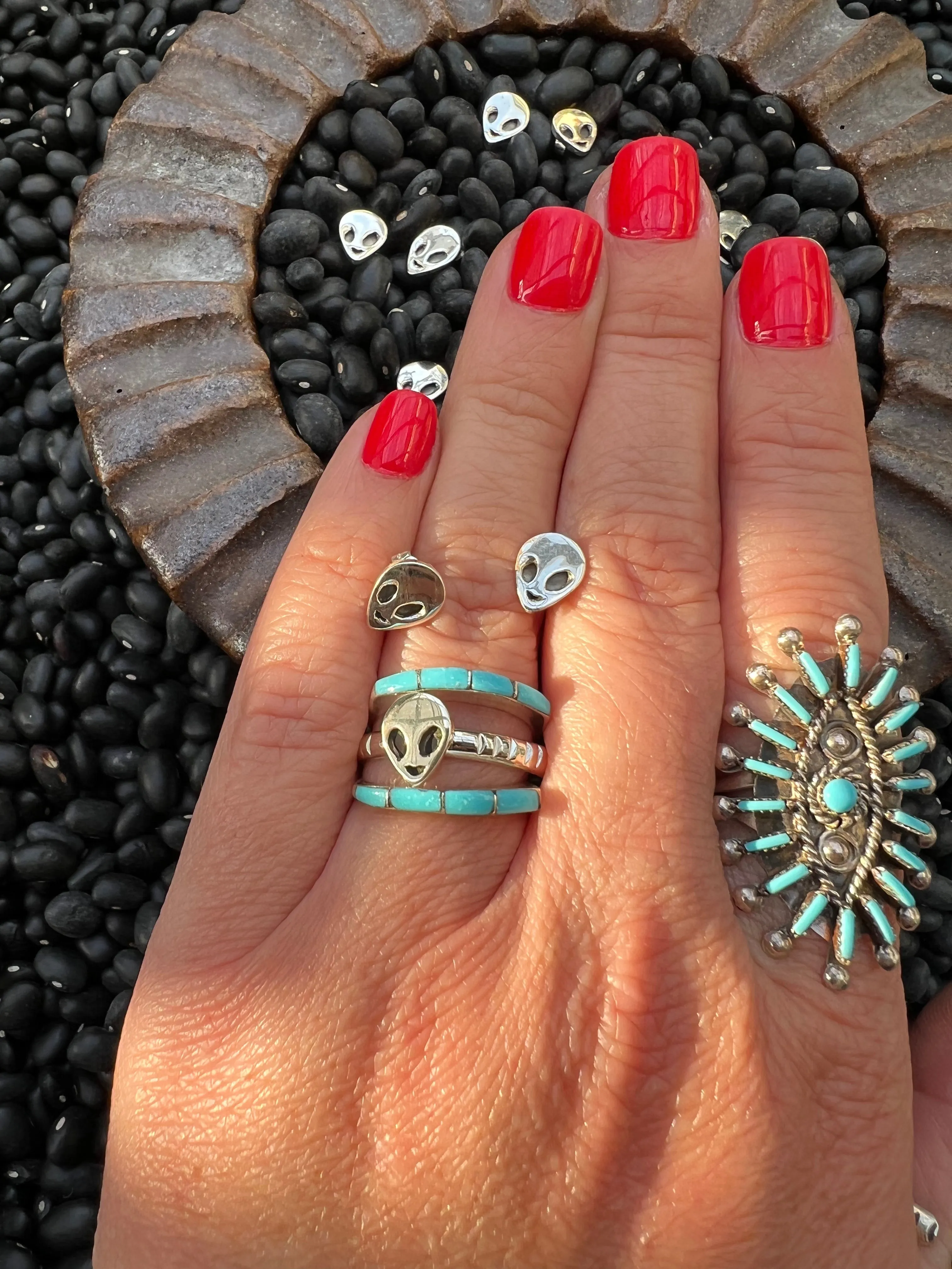 Inlaid turquoise wedding stacker rings