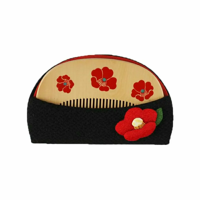 Japanese Maki-e Urushi Lacquer Tsuge (Boxwood) Comb with Chirimen (Crepe Fabric) Case - Camellia - ,  Handmade in Kyoto, Japan,  Japanese traditional hair comb