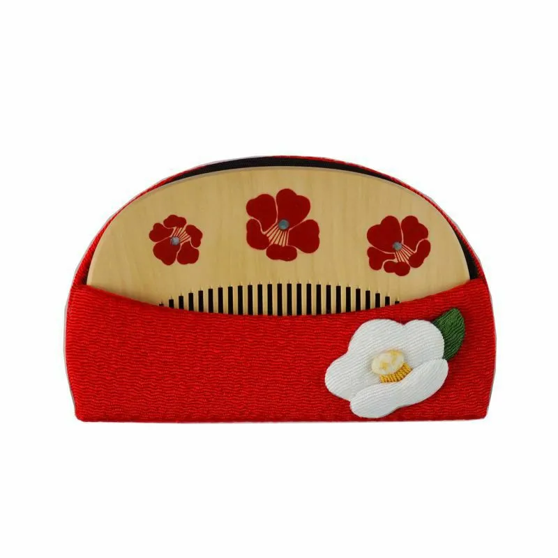 Japanese Maki-e Urushi Lacquer Tsuge (Boxwood) Comb with Chirimen (Crepe Fabric) Case - Camellia - ,  Handmade in Kyoto, Japan,  Japanese traditional hair comb