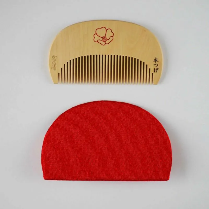 Japanese Maki-e Urushi Lacquer Tsuge (Boxwood) Comb with Chirimen (Crepe Fabric) Case - Camellia - ,  Handmade in Kyoto, Japan,  Japanese traditional hair comb