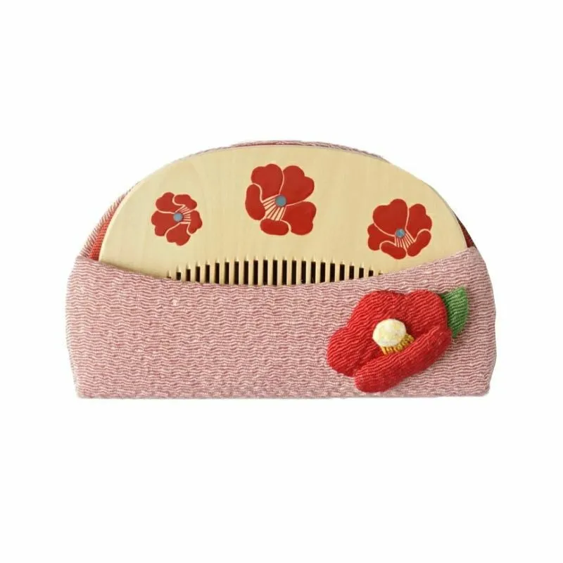 Japanese Maki-e Urushi Lacquer Tsuge (Boxwood) Comb with Chirimen (Crepe Fabric) Case - Camellia - ,  Handmade in Kyoto, Japan,  Japanese traditional hair comb