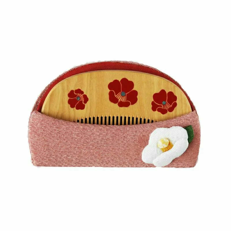 Japanese Maki-e Urushi Lacquer Tsuge (Boxwood) Comb with Chirimen (Crepe Fabric) Case - Camellia - ,  Handmade in Kyoto, Japan,  Japanese traditional hair comb