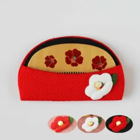 Japanese Maki-e Urushi Lacquer Tsuge (Boxwood) Comb with Chirimen (Crepe Fabric) Case - Camellia - ,  Handmade in Kyoto, Japan,  Japanese traditional hair comb
