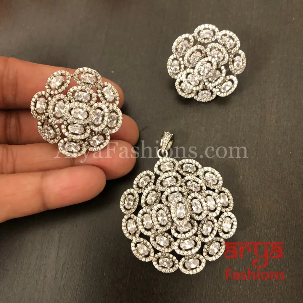 Jenny Silver CZ Flower Pendant with Stud Earrings