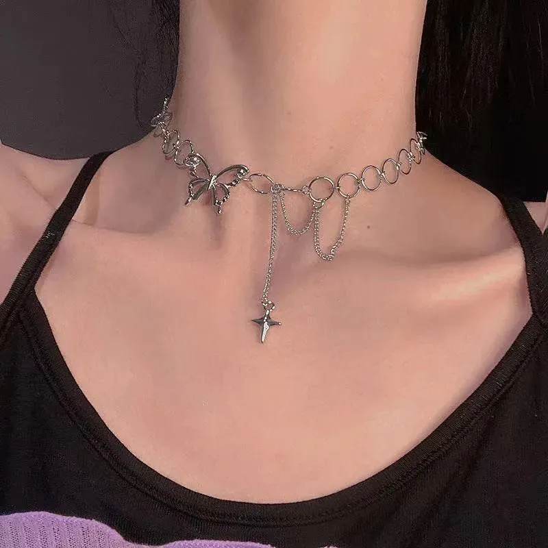 Korean Stainless Steel Choker Layered Necklace Women Punk Trendy Dainty Chain Statement Pendant Hip Hop Jewelry