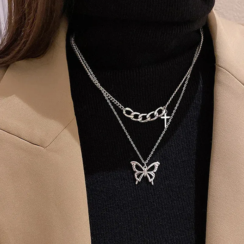 Korean Stainless Steel Choker Layered Necklace Women Punk Trendy Dainty Chain Statement Pendant Hip Hop Jewelry