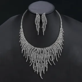 Luxury 2Pcs White ，Gold Necklace Earrings Set Cubic Zircon Women Wedding Party Jewelry Set CN11239