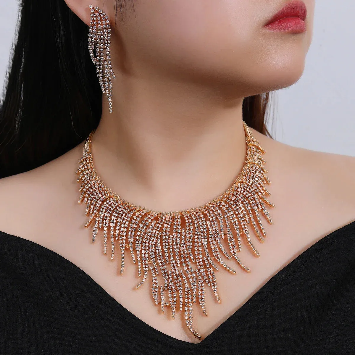Luxury 2Pcs White ，Gold Necklace Earrings Set Cubic Zircon Women Wedding Party Jewelry Set CN11239