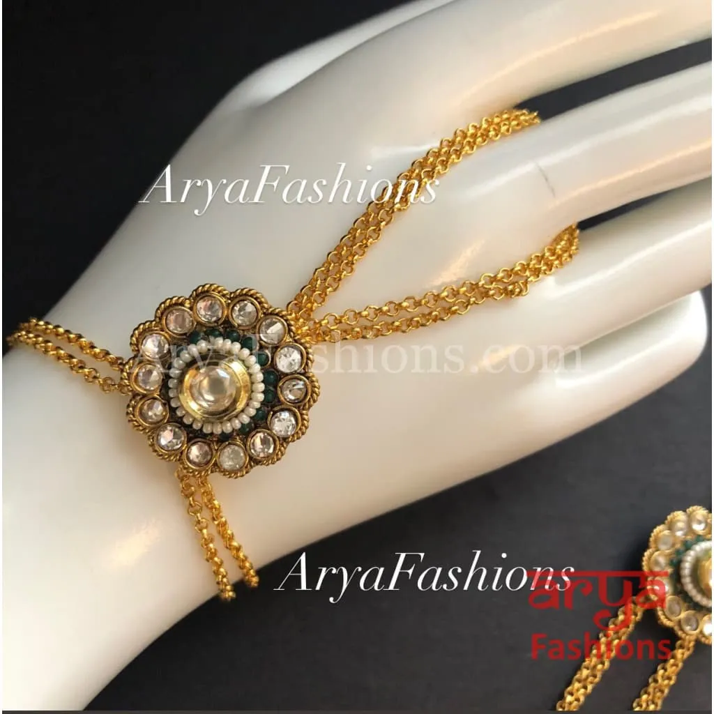 Mahira Statement Pacchi Kundan Hathphool Pair with Pearls