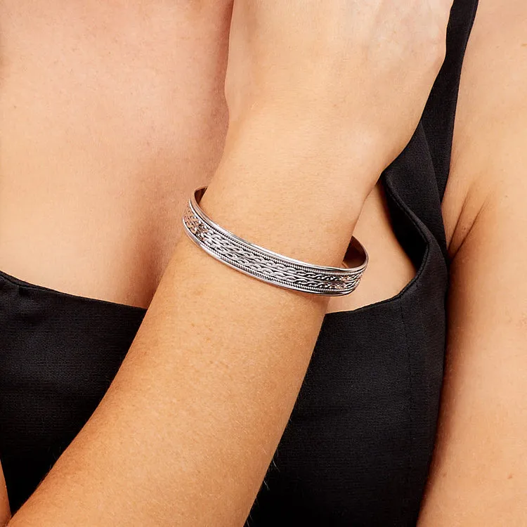 Men's Adjustable Rope Chain Braided Bangle | Open Cuff Silver Bracelet