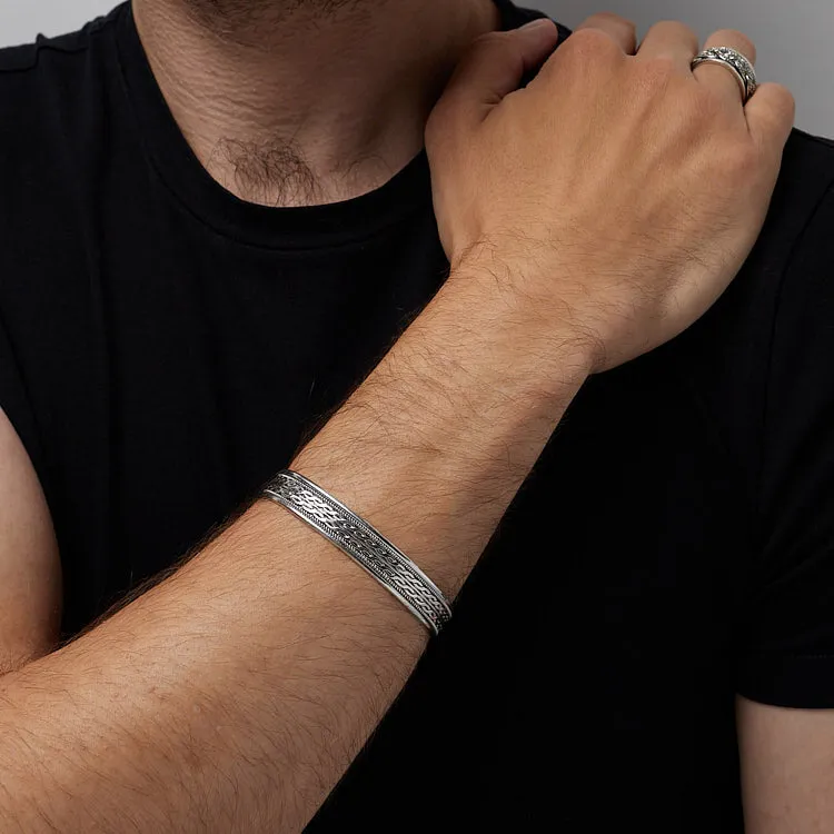 Men's Adjustable Rope Chain Braided Bangle | Open Cuff Silver Bracelet