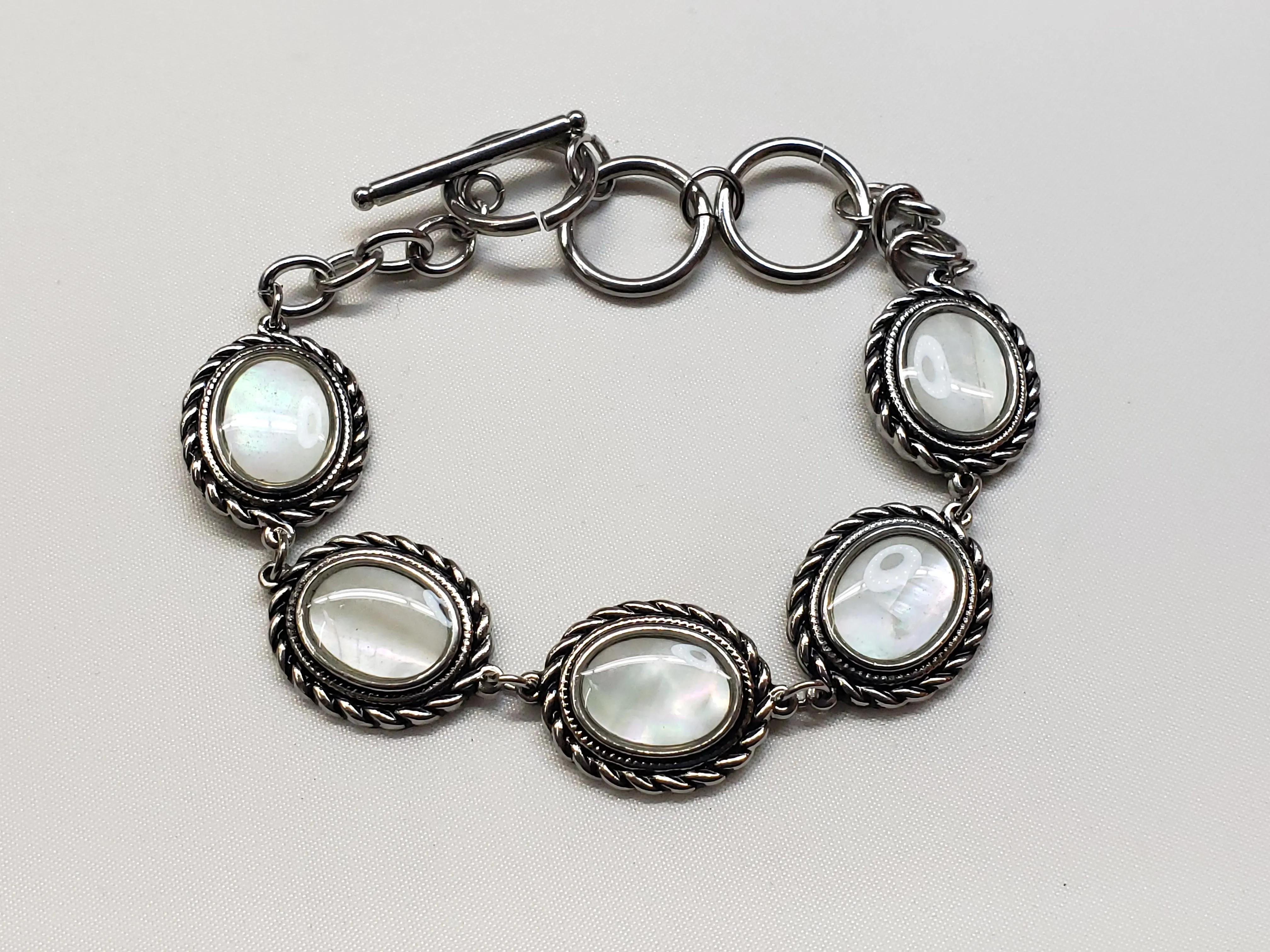 Mother Of Pearl Ovals, set in Stainless Steel, Link Bracelet 7"-9"