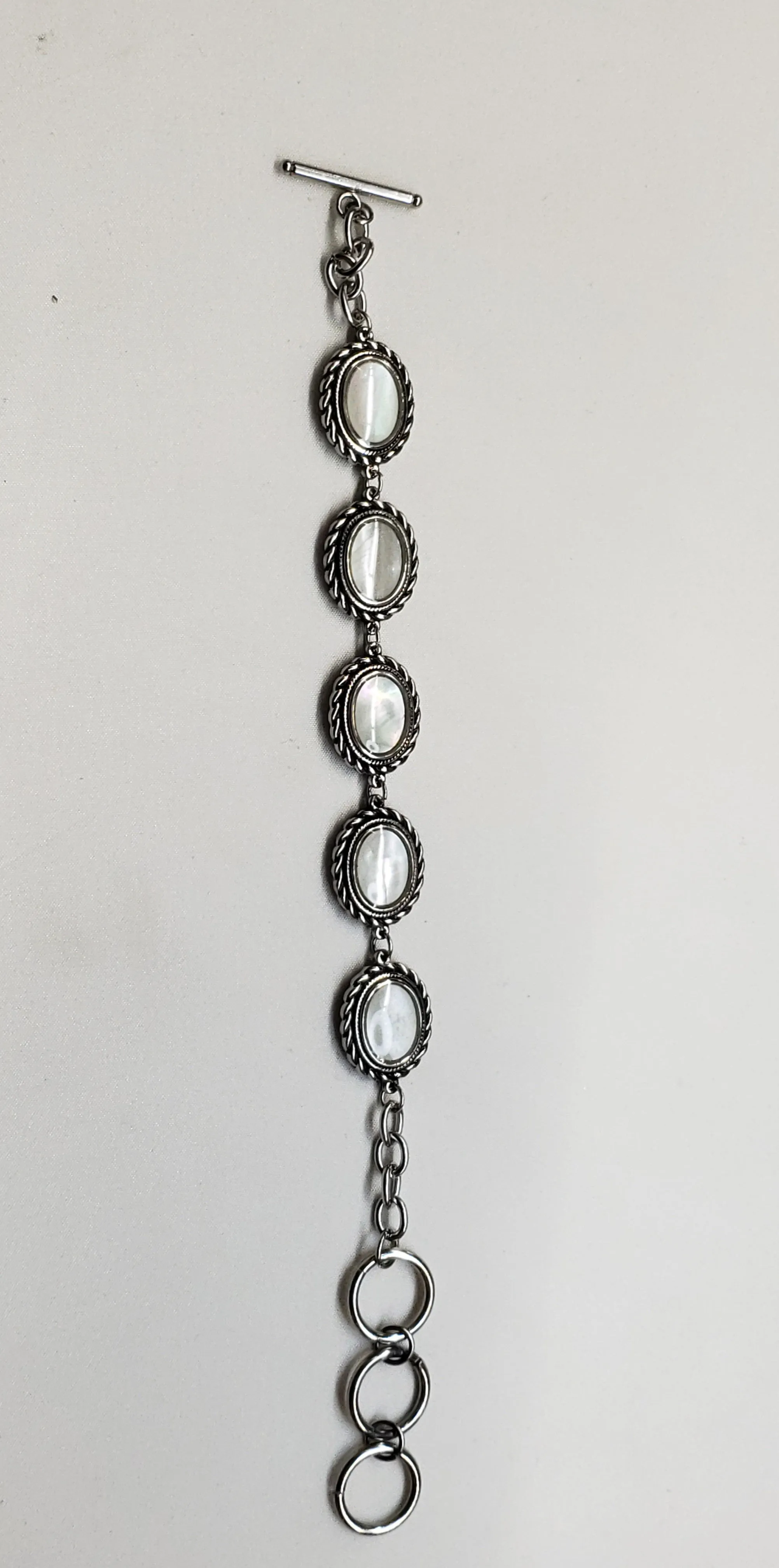 Mother Of Pearl Ovals, set in Stainless Steel, Link Bracelet 7"-9"
