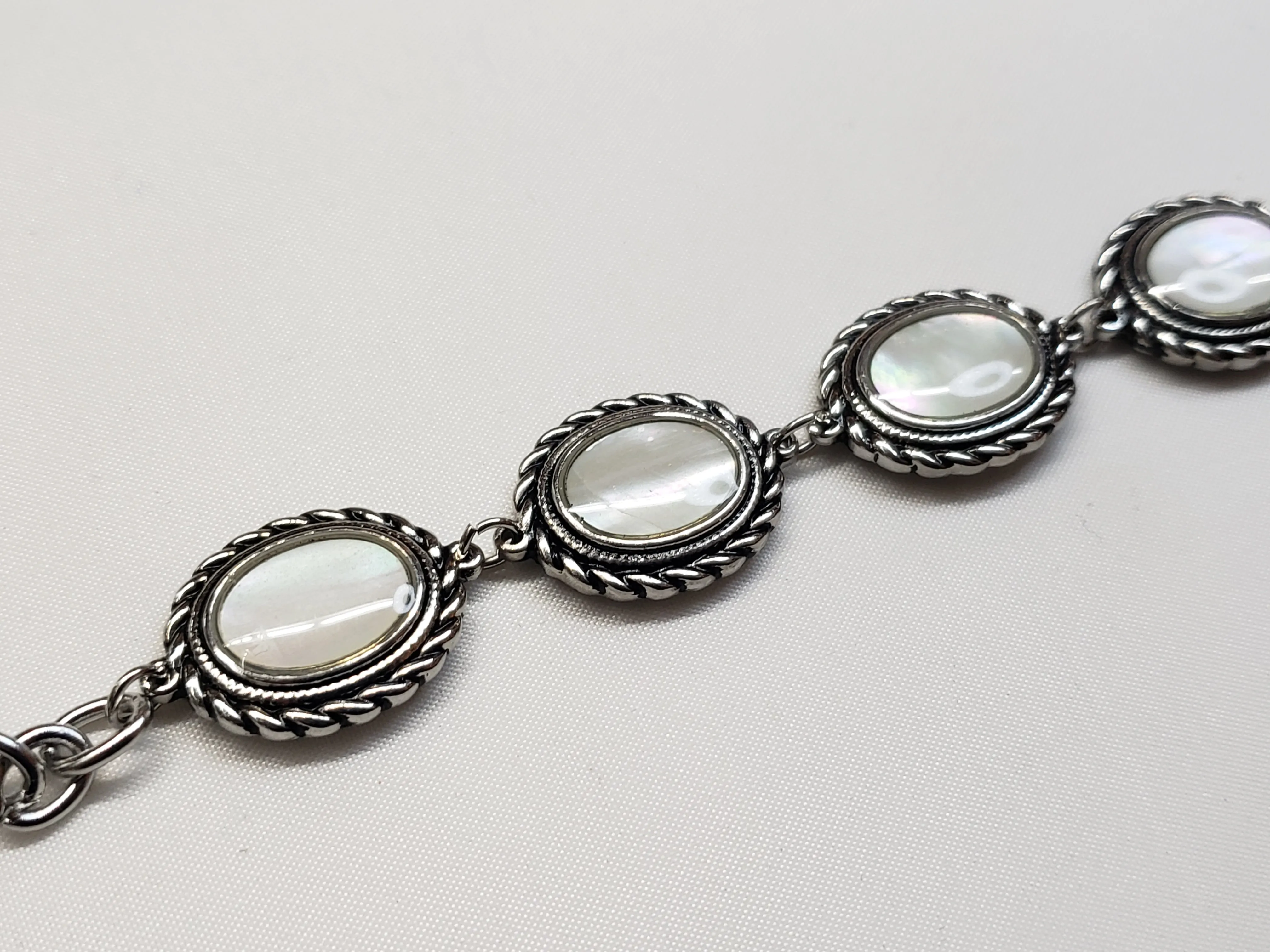 Mother Of Pearl Ovals, set in Stainless Steel, Link Bracelet 7"-9"