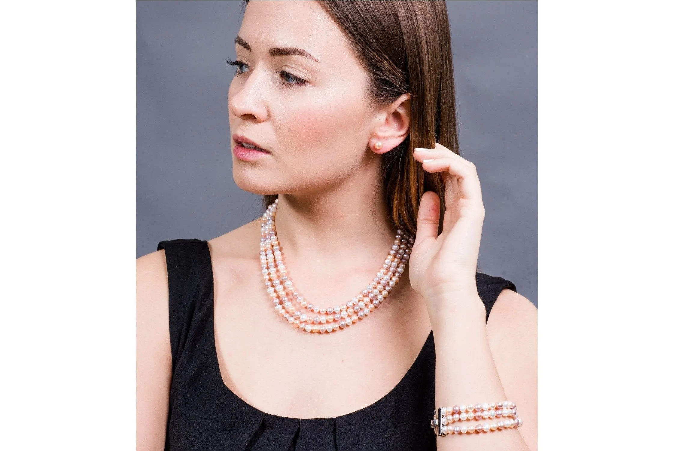 Multi-Color Triple Strand Freshwater Pearl Necklace and Bracelet Set 6-7mm