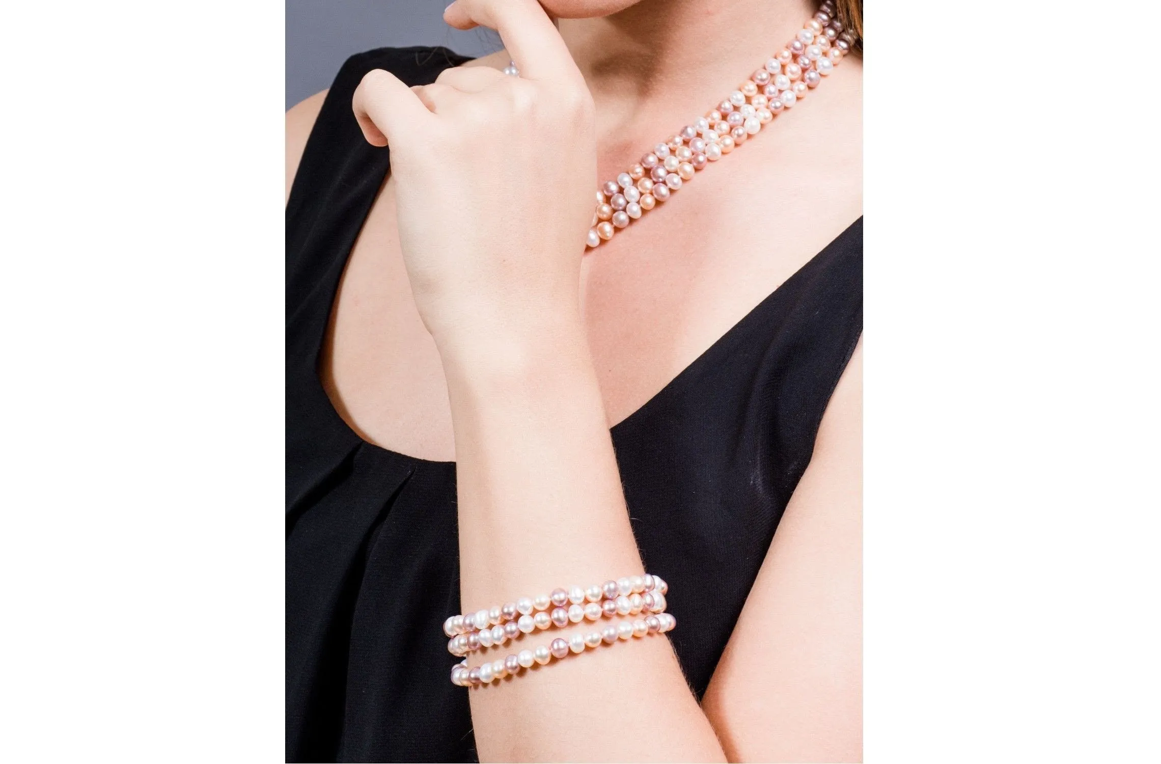 Multi-Color Triple Strand Freshwater Pearl Necklace and Bracelet Set 6-7mm