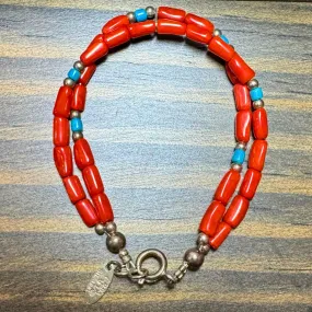 Native Running Bear R.B. Sterling Silver Coral Bead & Turquoise Bracelet