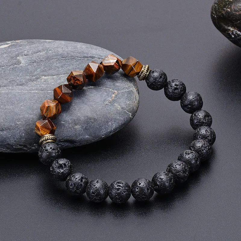 Natural Cut Surface Tigereye Black Lava Volcanic Stone Bracelet Handmade Beaded