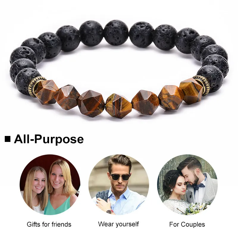 Natural Cut Surface Tigereye Black Lava Volcanic Stone Bracelet Handmade Beaded