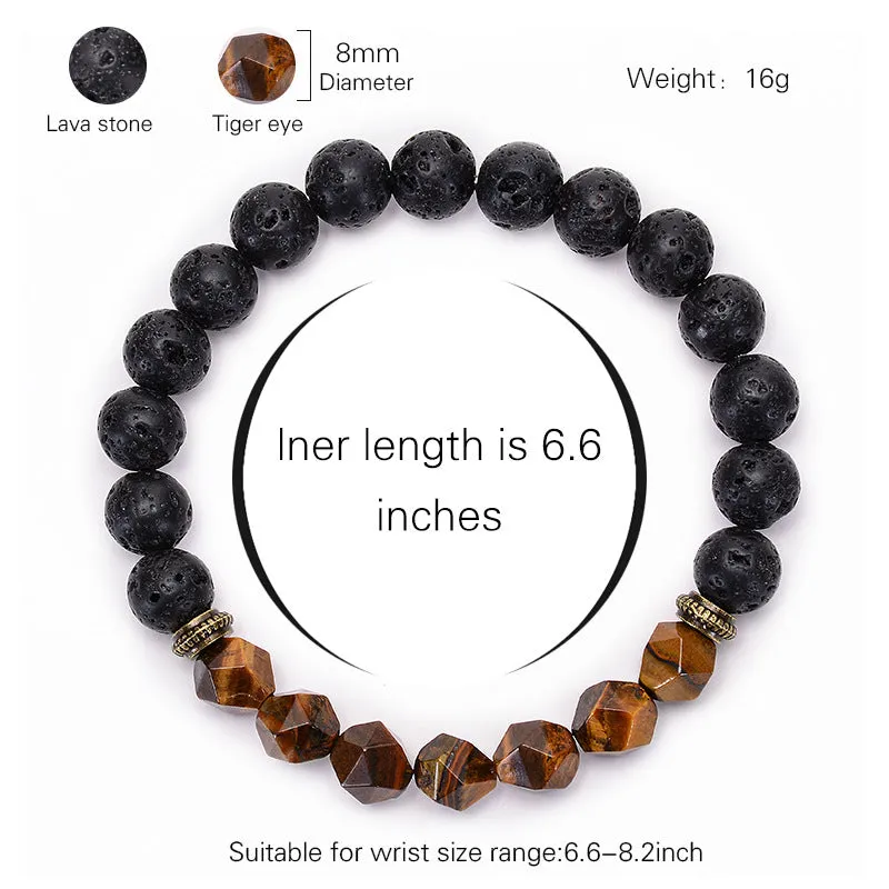 Natural Cut Surface Tigereye Black Lava Volcanic Stone Bracelet Handmade Beaded