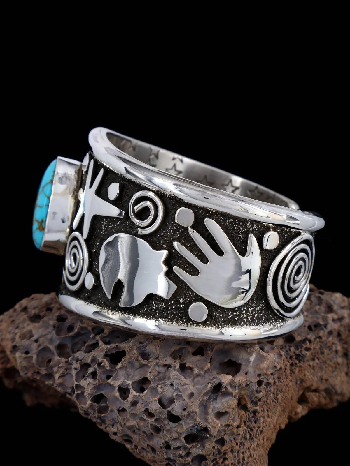 Navajo Sterling Silver Turquoise Petroglyph Cuff Bracelet